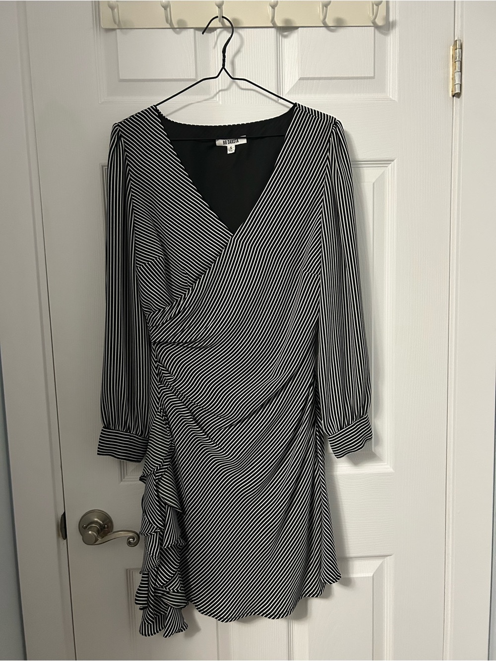 BB Dakota Black and White Striped Long Sleeve Faux Wrap Dress